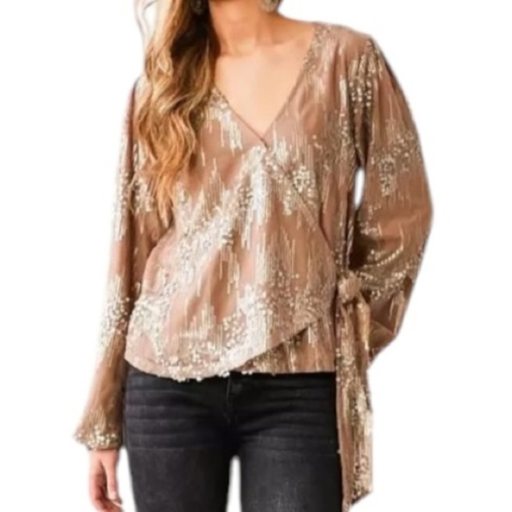 Willow Root Metallic Wrap Blouse - Tan and Gold
